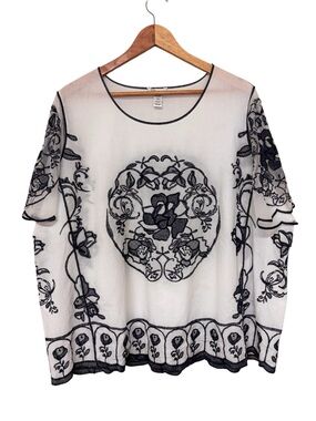 Cato White Sheer Embroidered Top Blue Floral Mesh Blouse Boho Romantic Coastal